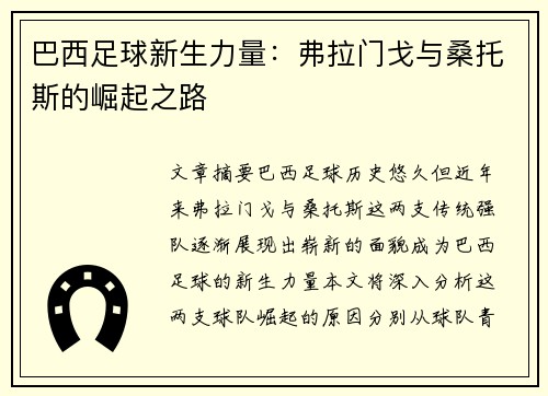 巴西足球新生力量：弗拉门戈与桑托斯的崛起之路