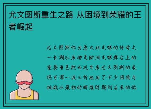 尤文图斯重生之路 从困境到荣耀的王者崛起