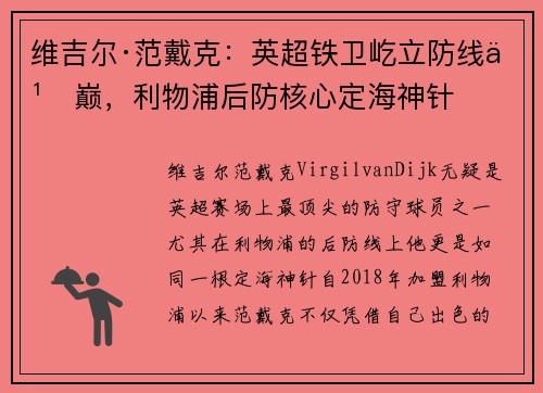 维吉尔·范戴克：英超铁卫屹立防线之巅，利物浦后防核心定海神针